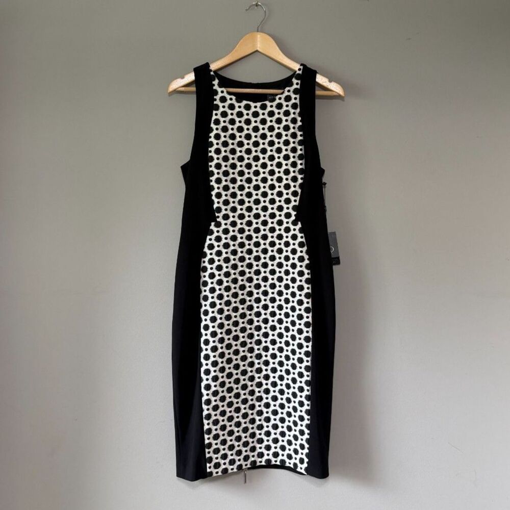 Adrianna Papell Ikat Dot Jacquard Sheath Dress 12 Black Ivory NWT Office Siren